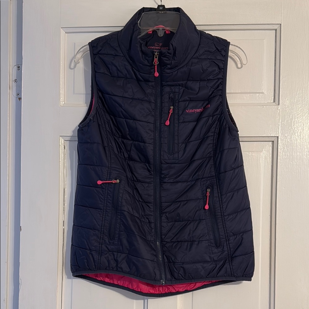 Vineyard Vines Navy Quilted Puffer Vest with Pink Accents